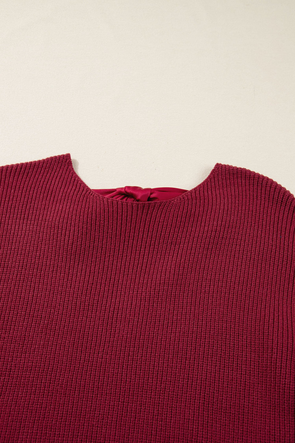 Jet Stream Ribbed Knit Ribbon Knot Backless Drop Shoulder Sweater