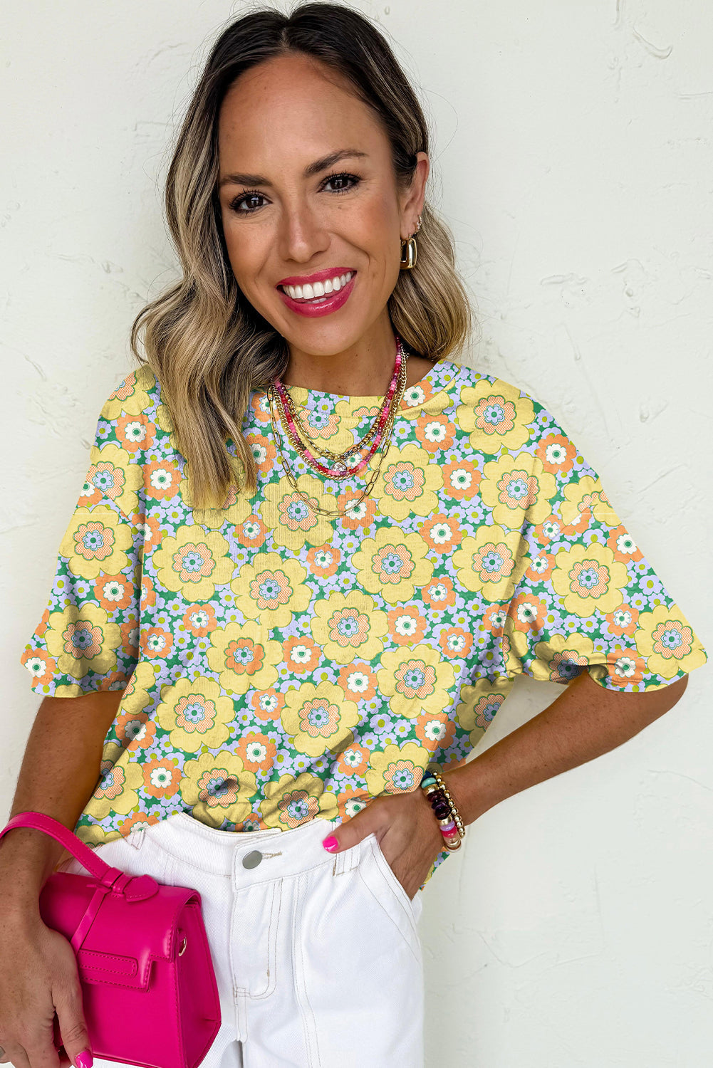 Yellow Summer Flower Print Drop Shoulder Loose T Shirt