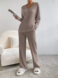 Ribbed Knit V-Neck Top and Pants Set
