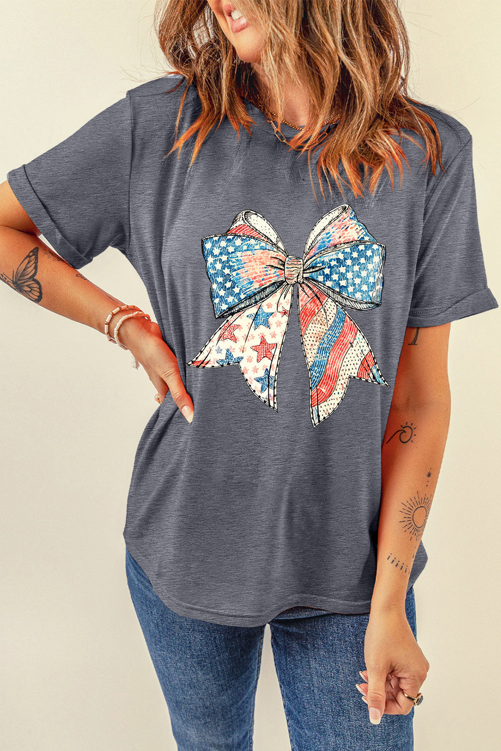 Gray USA Flag Bow Print Round Neck Loose T Shirt