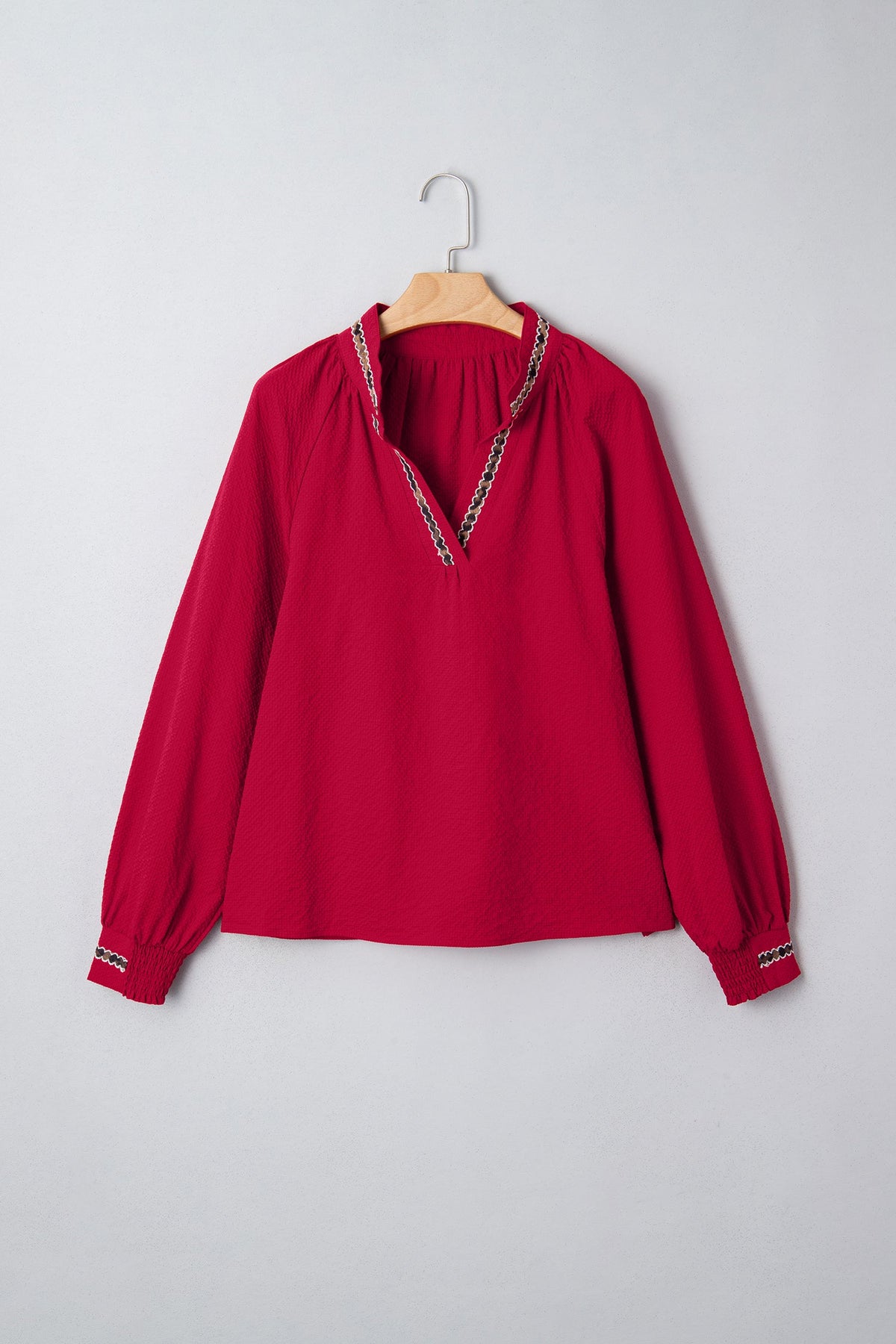 Racing Red Leopard Jacquard Print V Neck Textured Blouse
