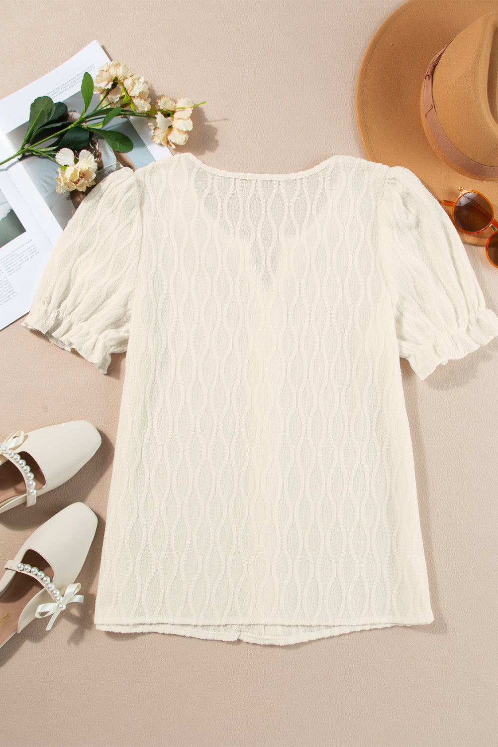 Beau Blue Solid Color Textured Notched Neck Puff Sleeve Blouse