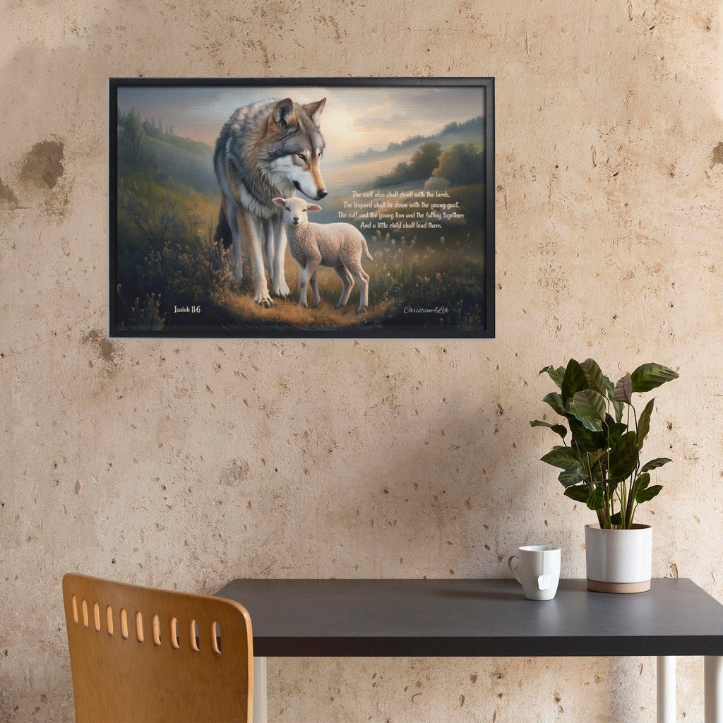 Framed - Wolf and Lamb with Isaiah 11:6 Quote, Christian Canvas, Black Frame