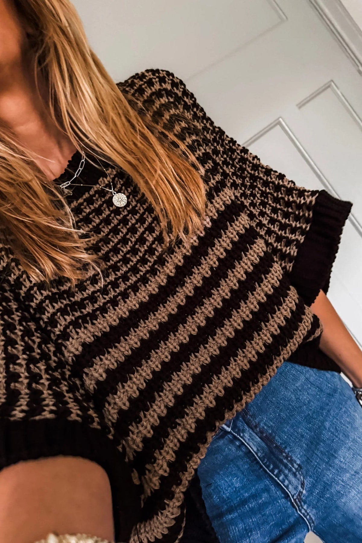 Red Stripe 3/4 Draped Sleeve Slouchy Sweater