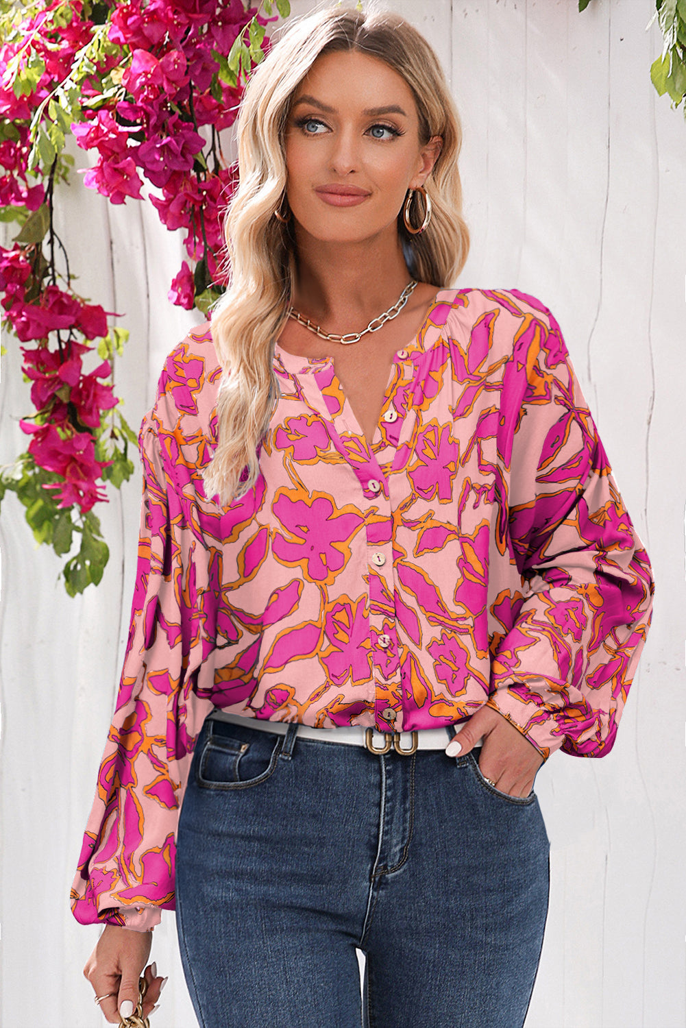 Blue Floral Print Batwing Sleeve Buttoned Loose Fit Shirt