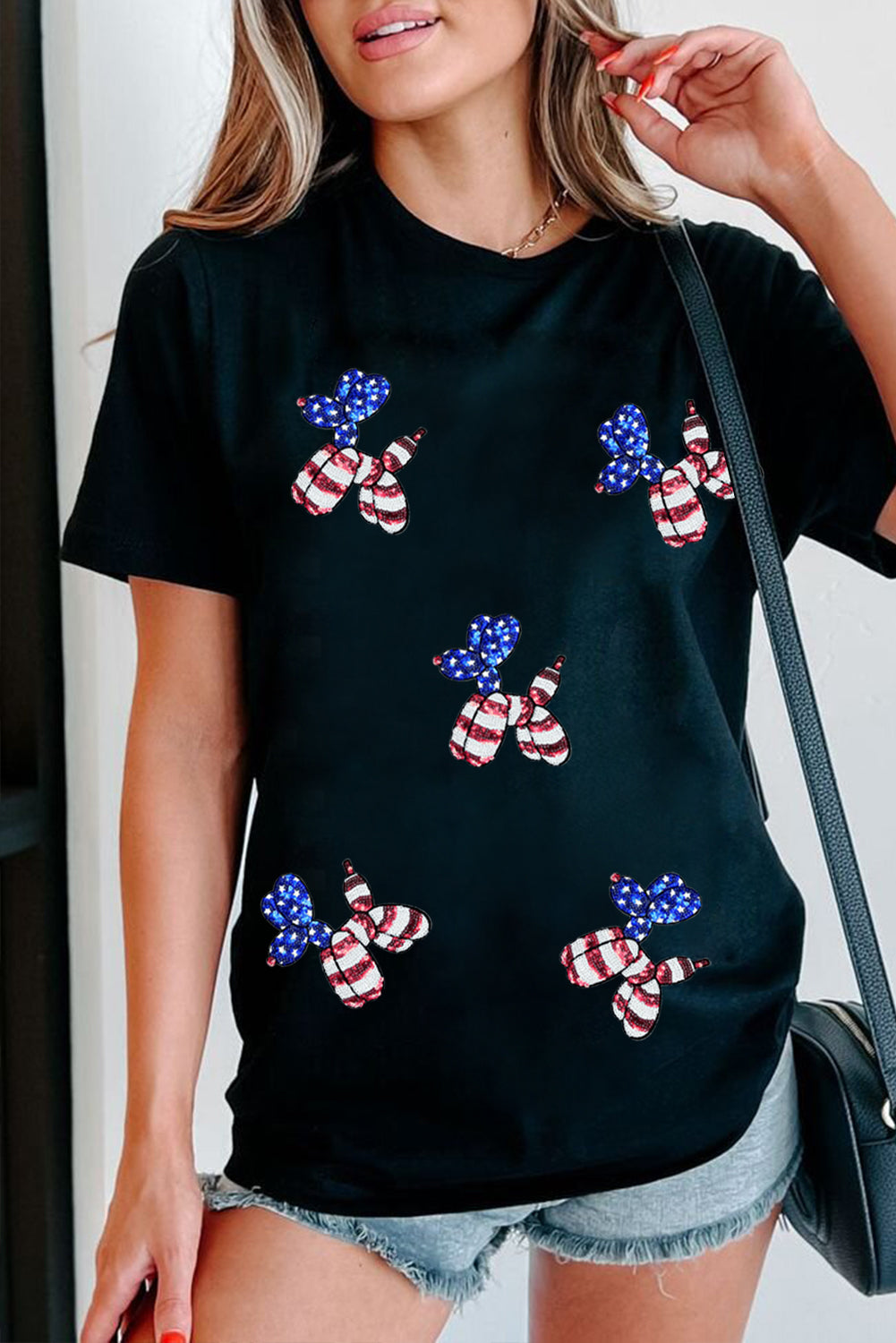 Black Patriotic Sequin Balloon Puppy Graphic Crewneck Tee