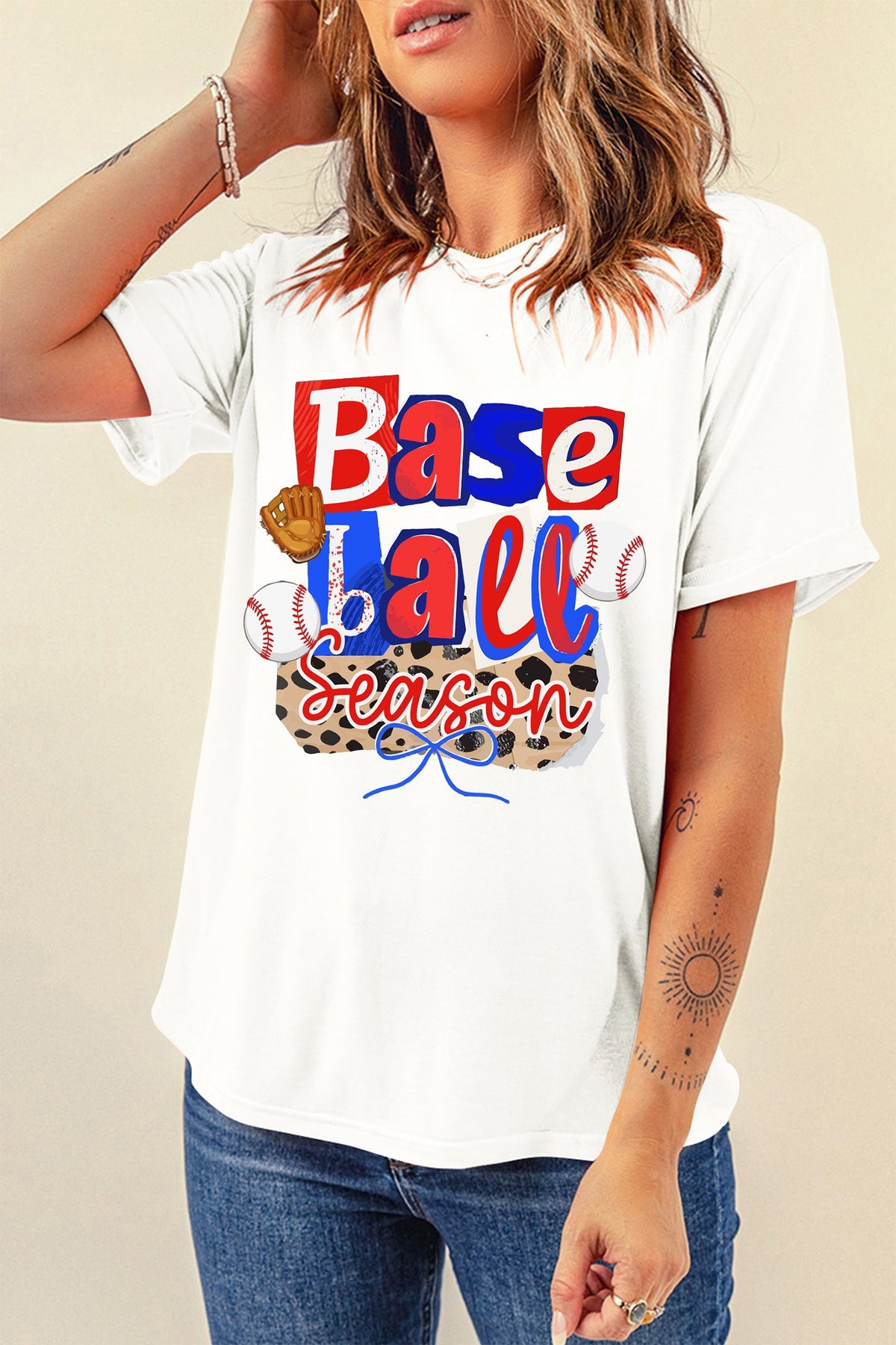 White Baseball Season Playful Printed T Shirt