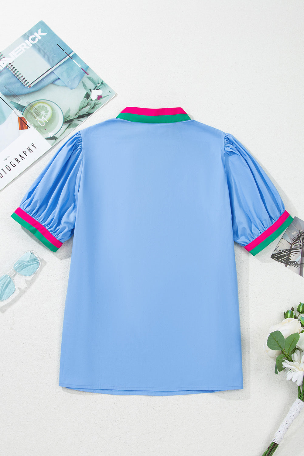 Sky Blue Puff Sleeve Pop of Color Neckline Blouse