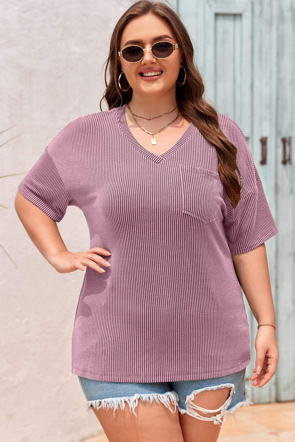 Valerian Textured V-Neck Dropped Shoulder Plus T-Shirt