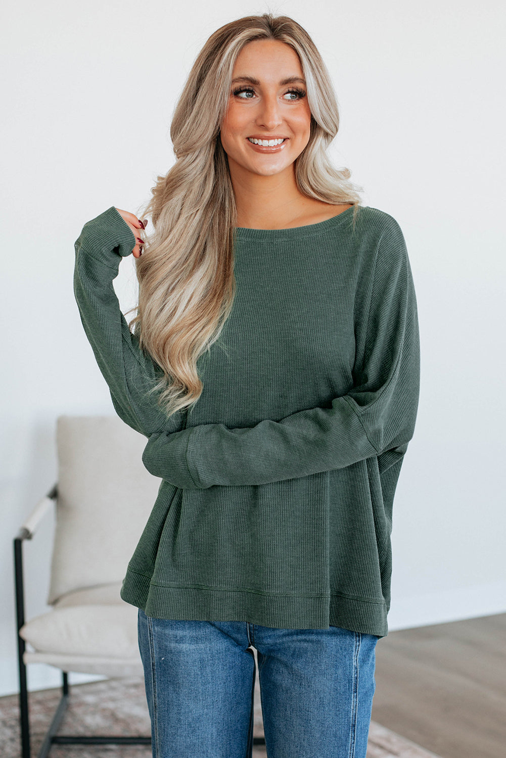 Dark Grey Waffle Knit Patchwork Long Sleeve Loose Top
