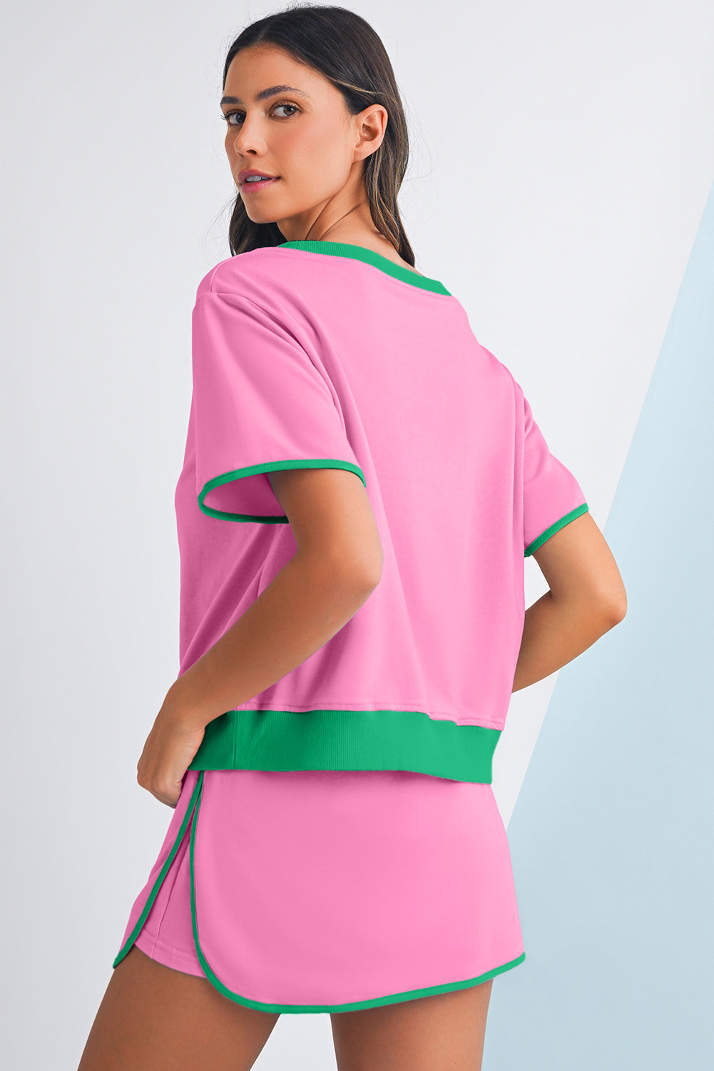 Black Colorblock Edge Drop Shoulder T Shirt and Skort 2Pcs Set