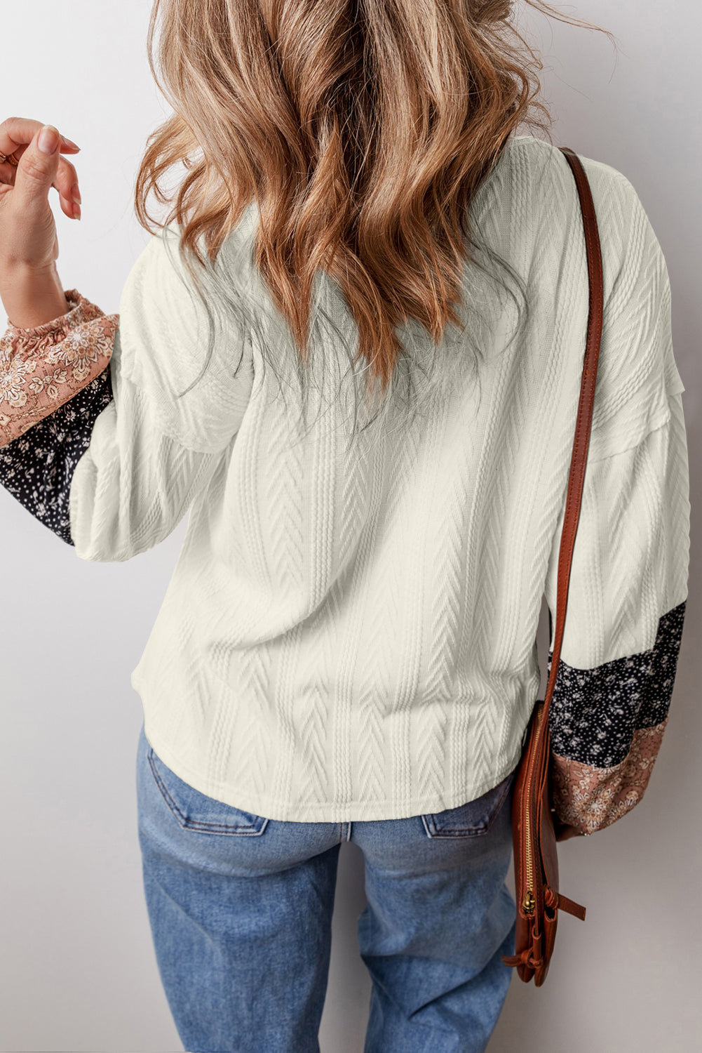 Dusty Pink Floral Patchwork Textured Knit Drawstring V Neck Blouse