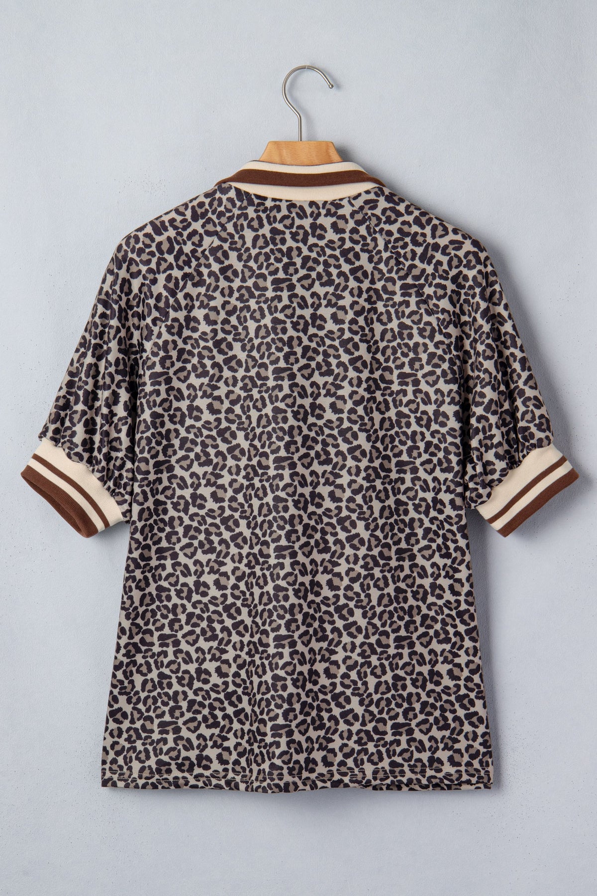 Khaki Leopard Print Half Zip Striped Trim Patchwork Short Sleeve Top