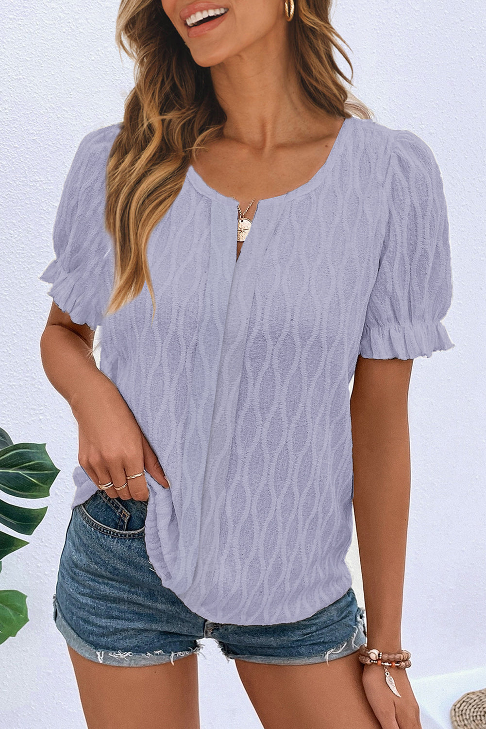 Beau Blue Solid Color Textured Notched Neck Puff Sleeve Blouse