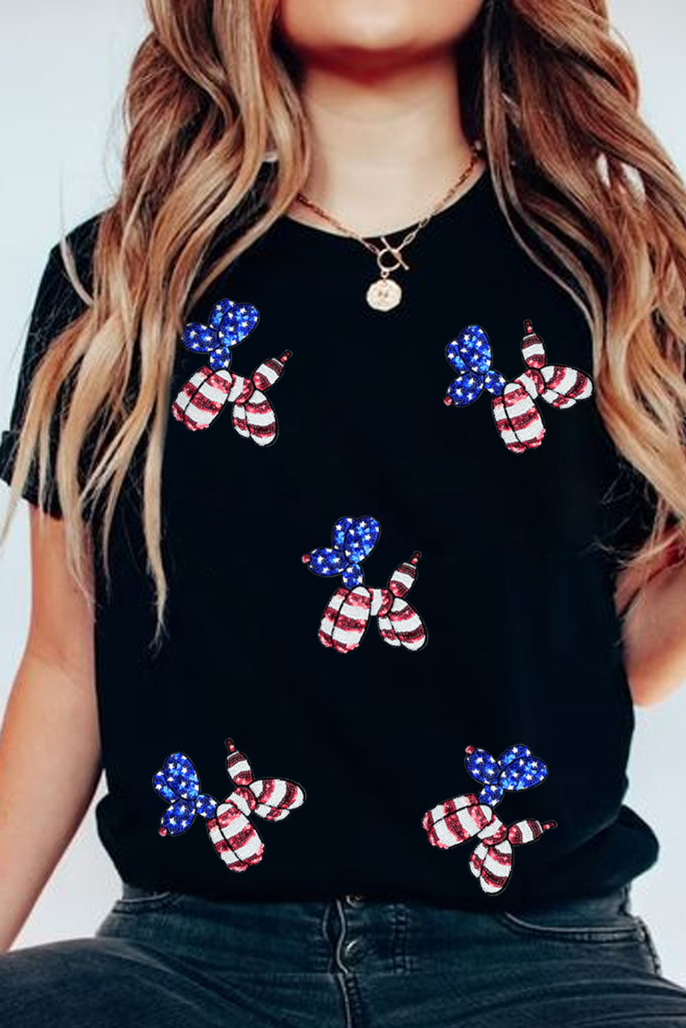 Black Patriotic Sequin Balloon Puppy Graphic Crewneck Tee