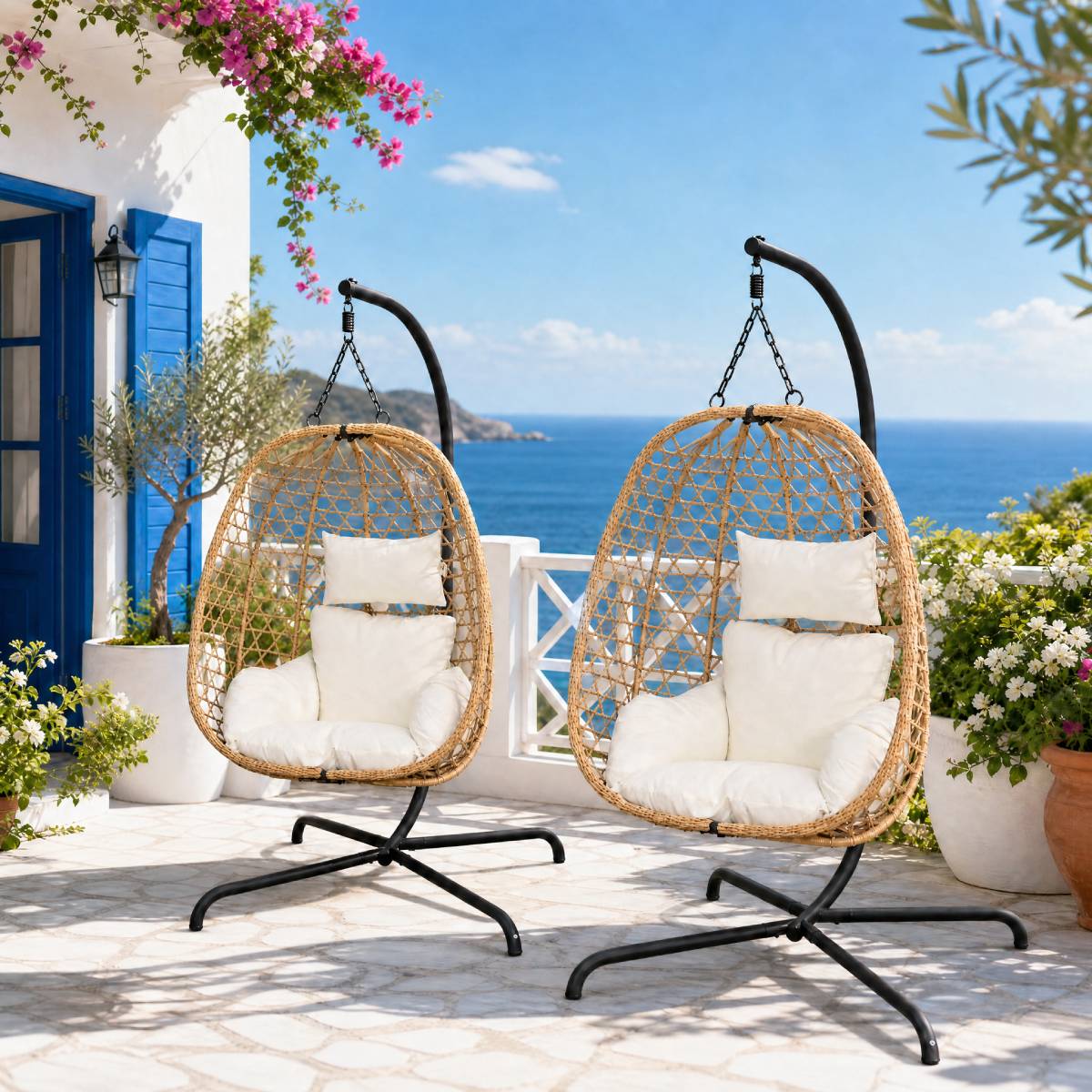 Set of 2 Egg Chairs with Stand - Patio Wicker Hanging Hammock Swing