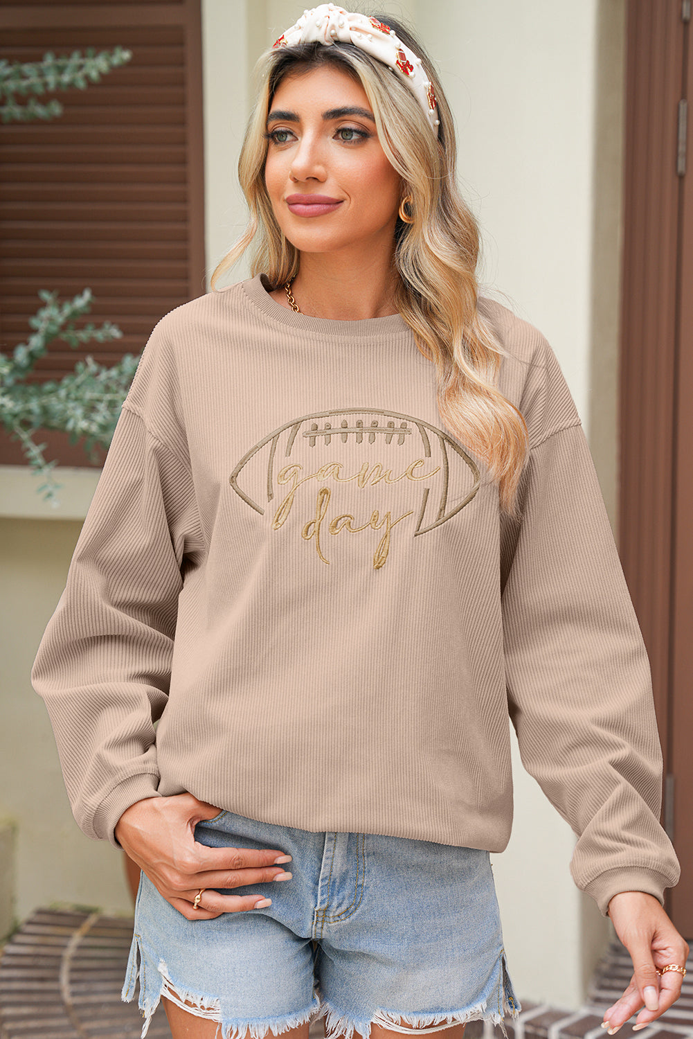 Black Football Graphic Game Day Embroidered Corded Sweatshirt