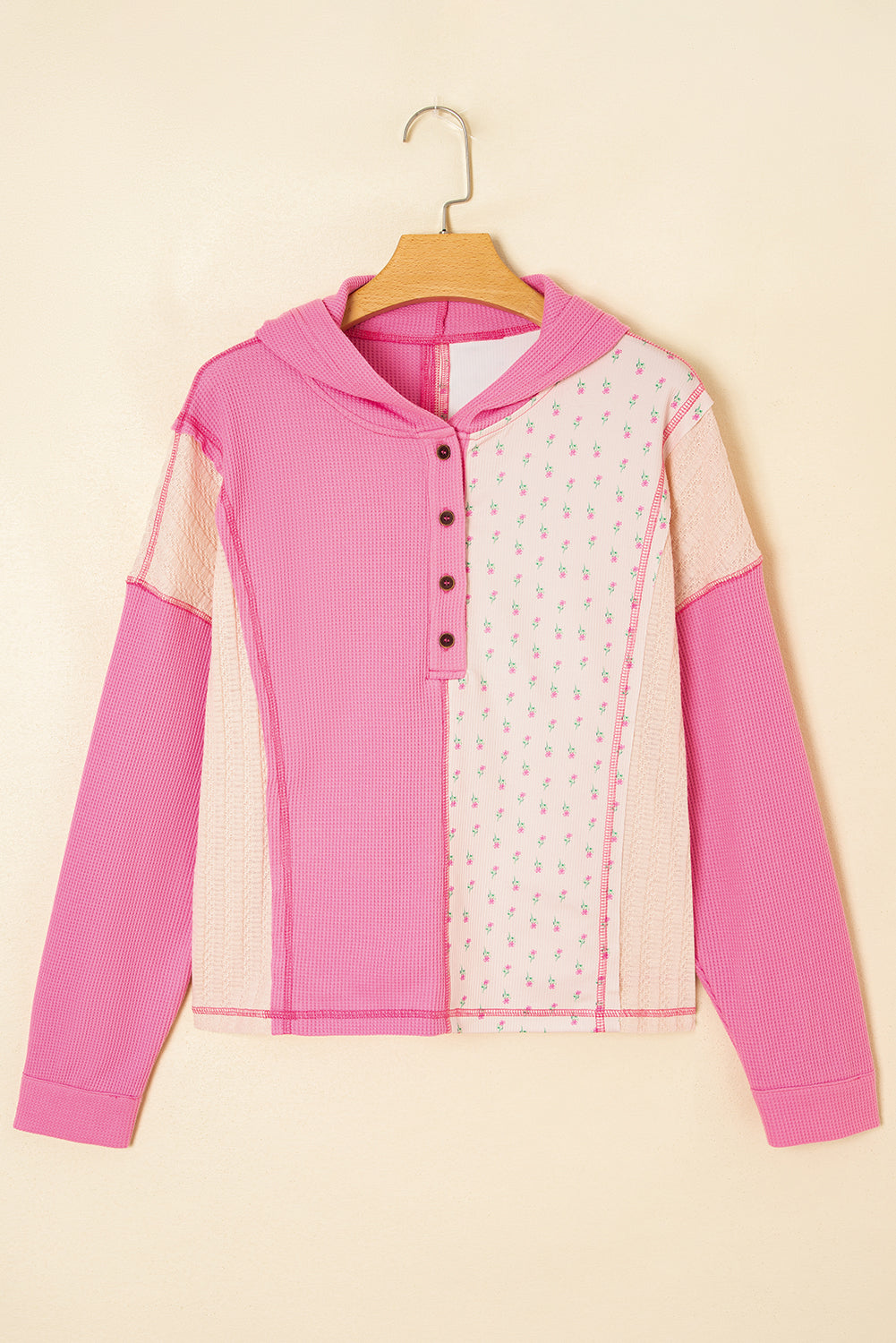 Pink Mixed Texture Waffle Floral Patchwork Hooded Oversized Pullover Top