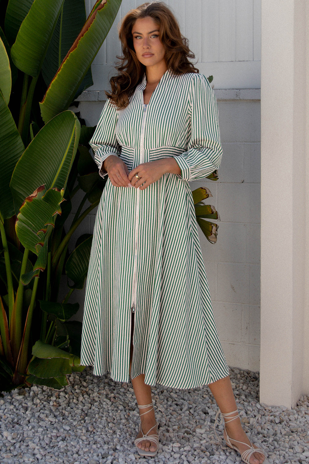 Black Stripe V Neck Zip Front Cinched High Waist Midi Dress