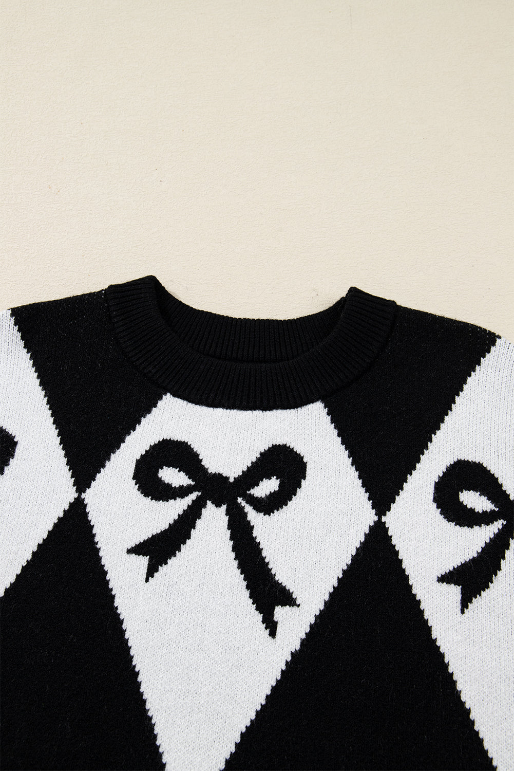 Red Bow Print 2-tone Rhombus Knit Loose Sweater