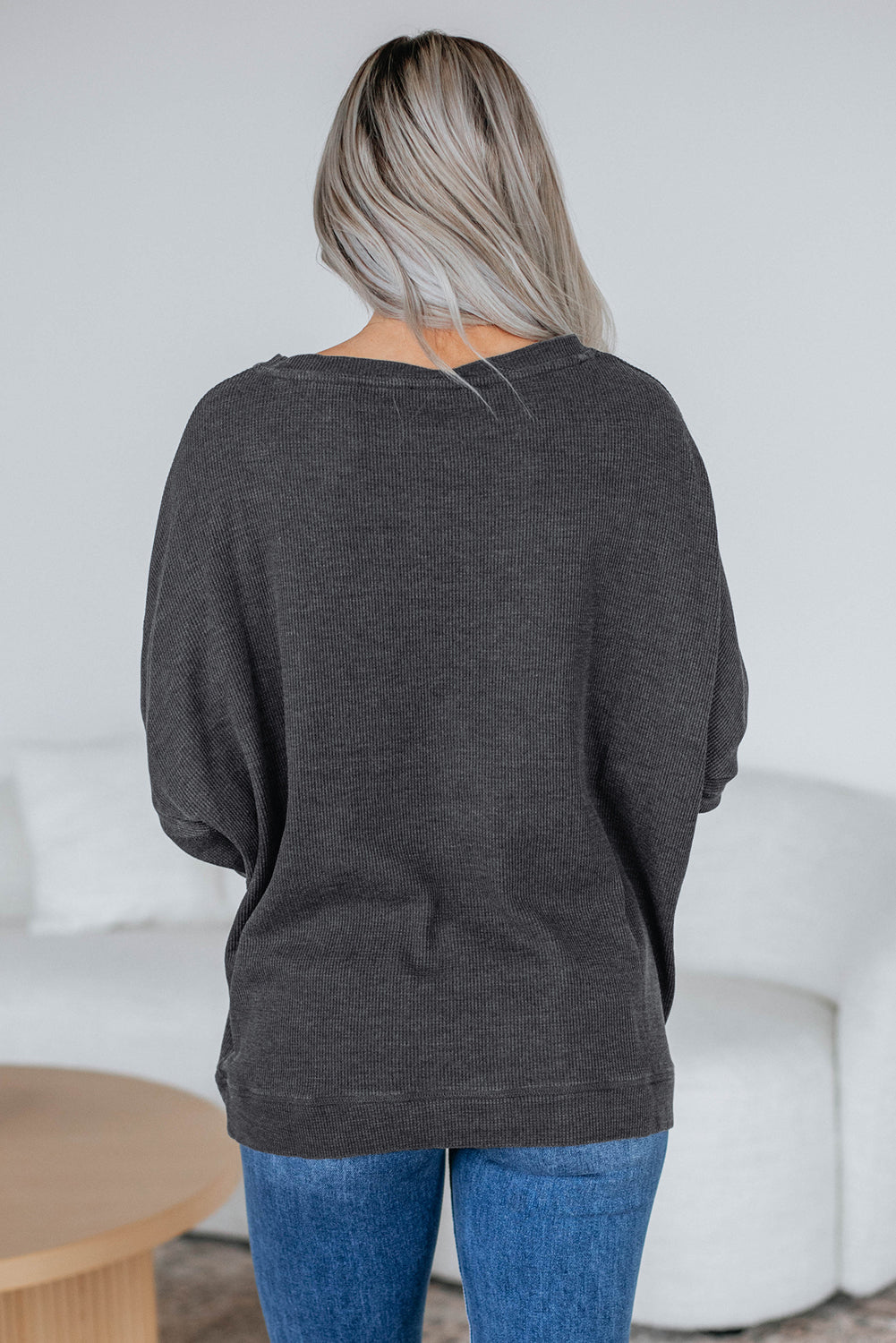 Dark Grey Waffle Knit Patchwork Long Sleeve Loose Top