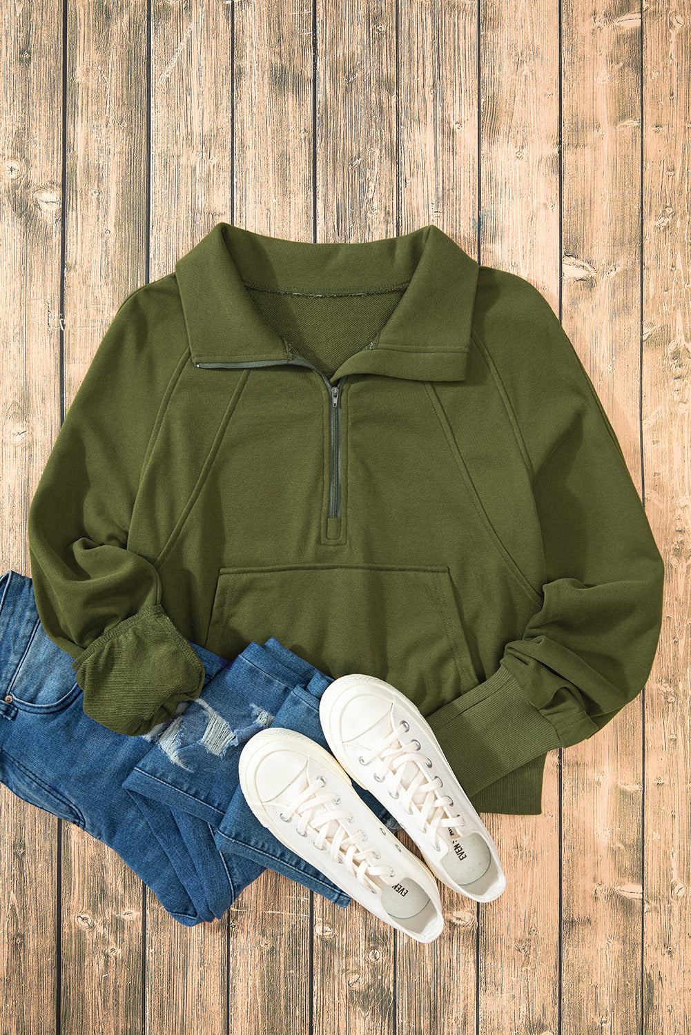 Smoke Green Quarter Zip Stand Neck Kangaroo Pocket Sweatshirt