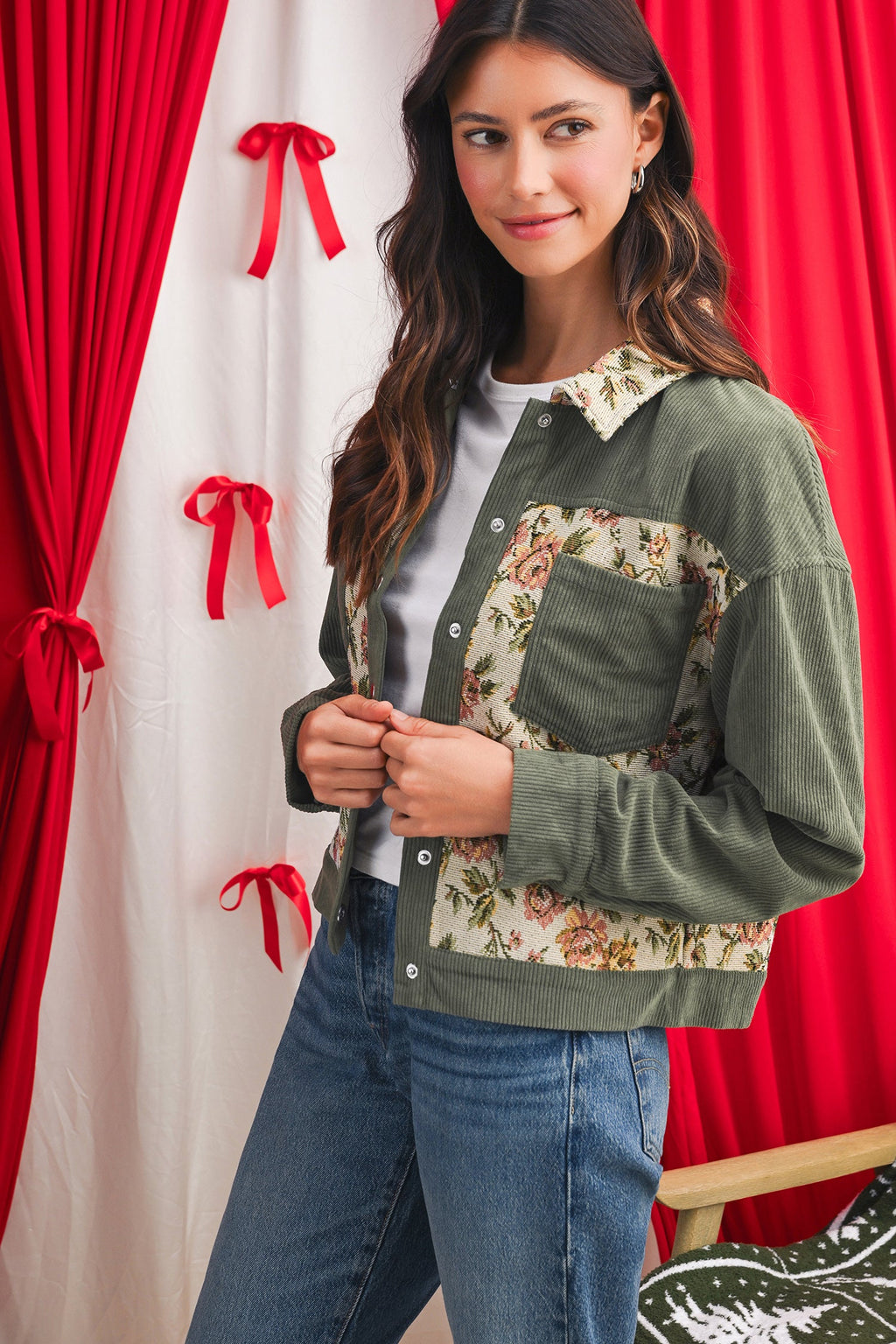 Clay Ribbed Retro Floral Patchwork Jacket