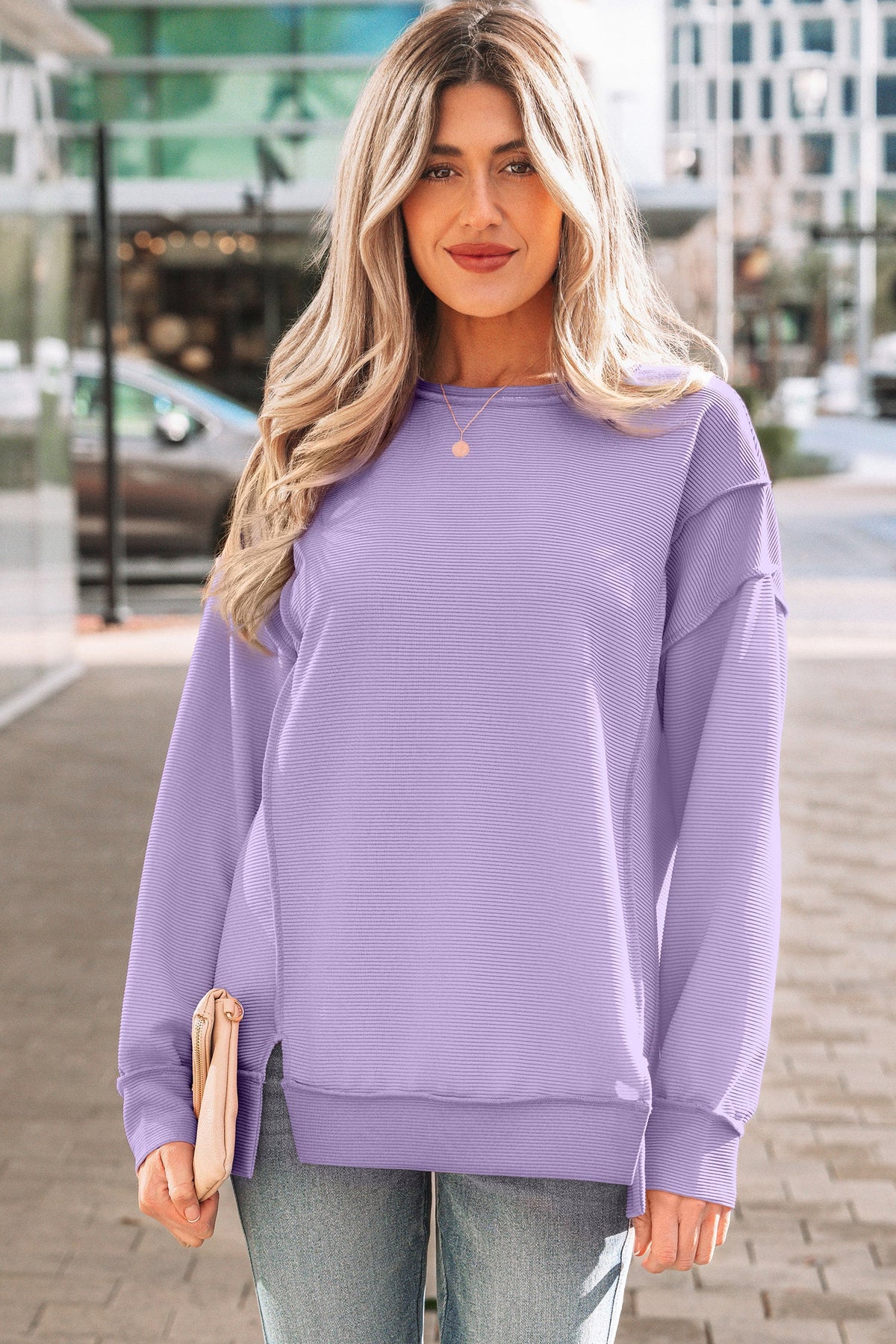Sea Green Horizontal Ribbed Exposed Seam Detail Drop Shoulder Baggy Pullover