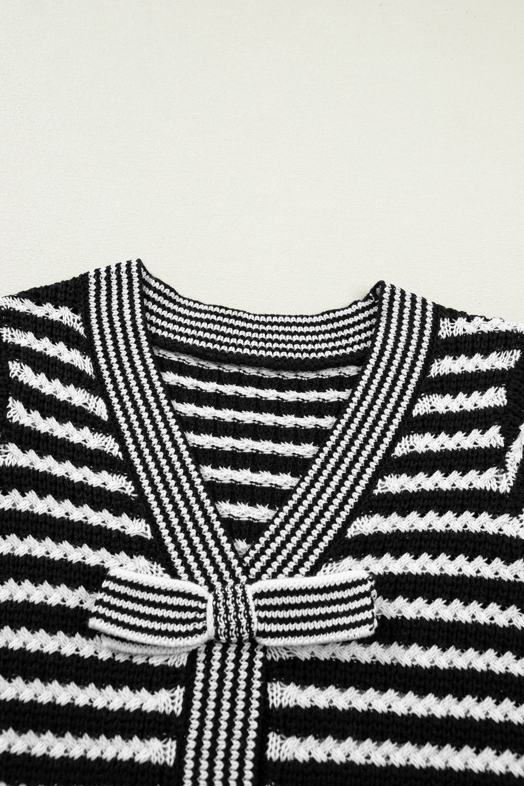 Green Stripe Short Sleeve Knit V Neck Bow Knot Sweater