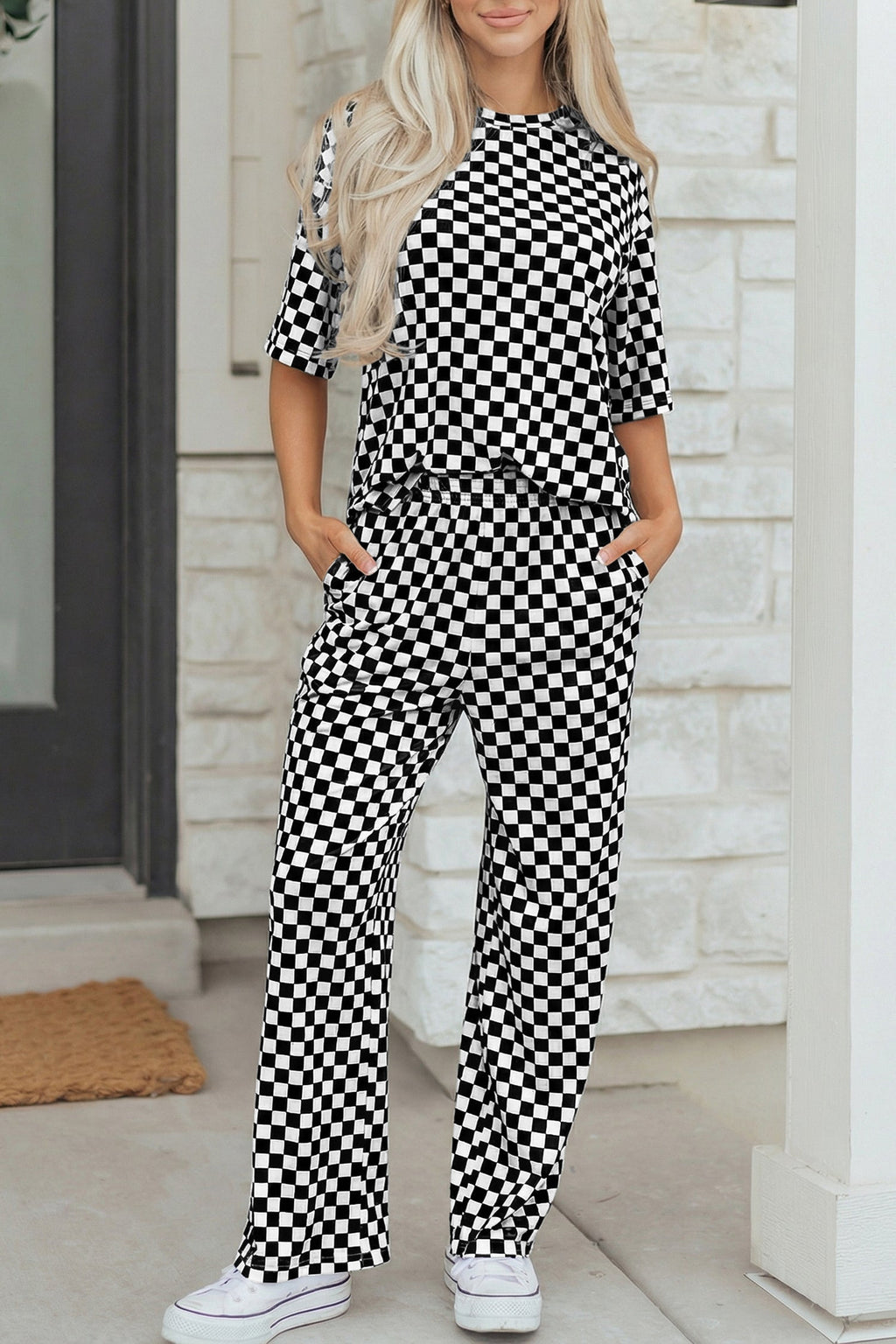 Rose Checkered Print Half Sleeve Tee 2pcs Lounge Pant Set