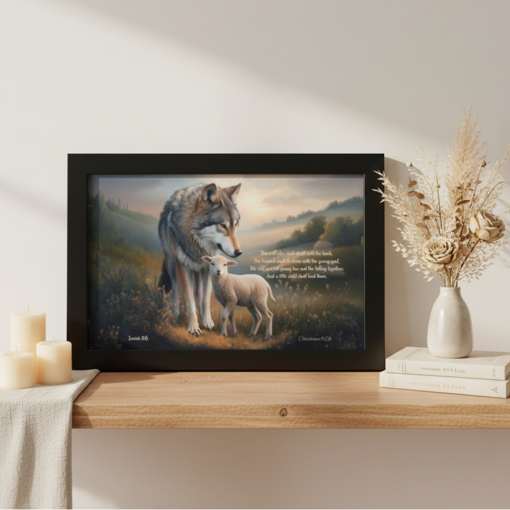 Framed - Wolf and Lamb with Isaiah 11:6 Quote, Christian Canvas, Black Frame