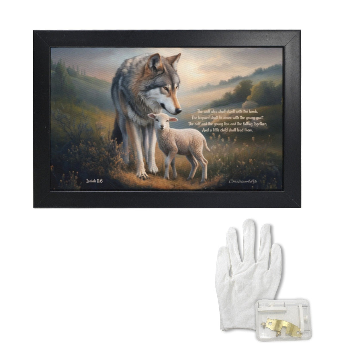 Framed - Wolf and Lamb with Isaiah 11:6 Quote, Christian Canvas, Black Frame