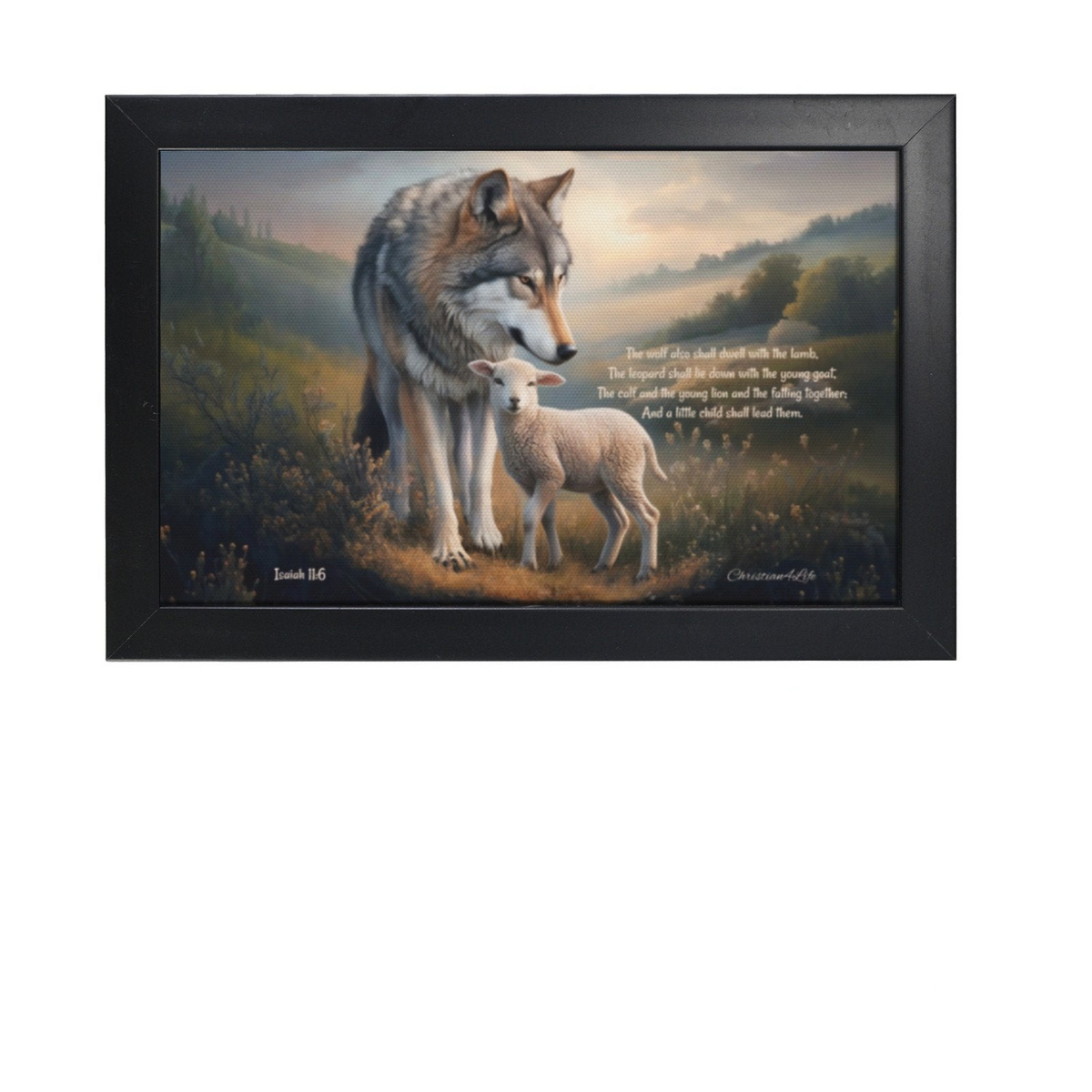 Framed - Wolf and Lamb with Isaiah 11:6 Quote, Christian Canvas, Black Frame