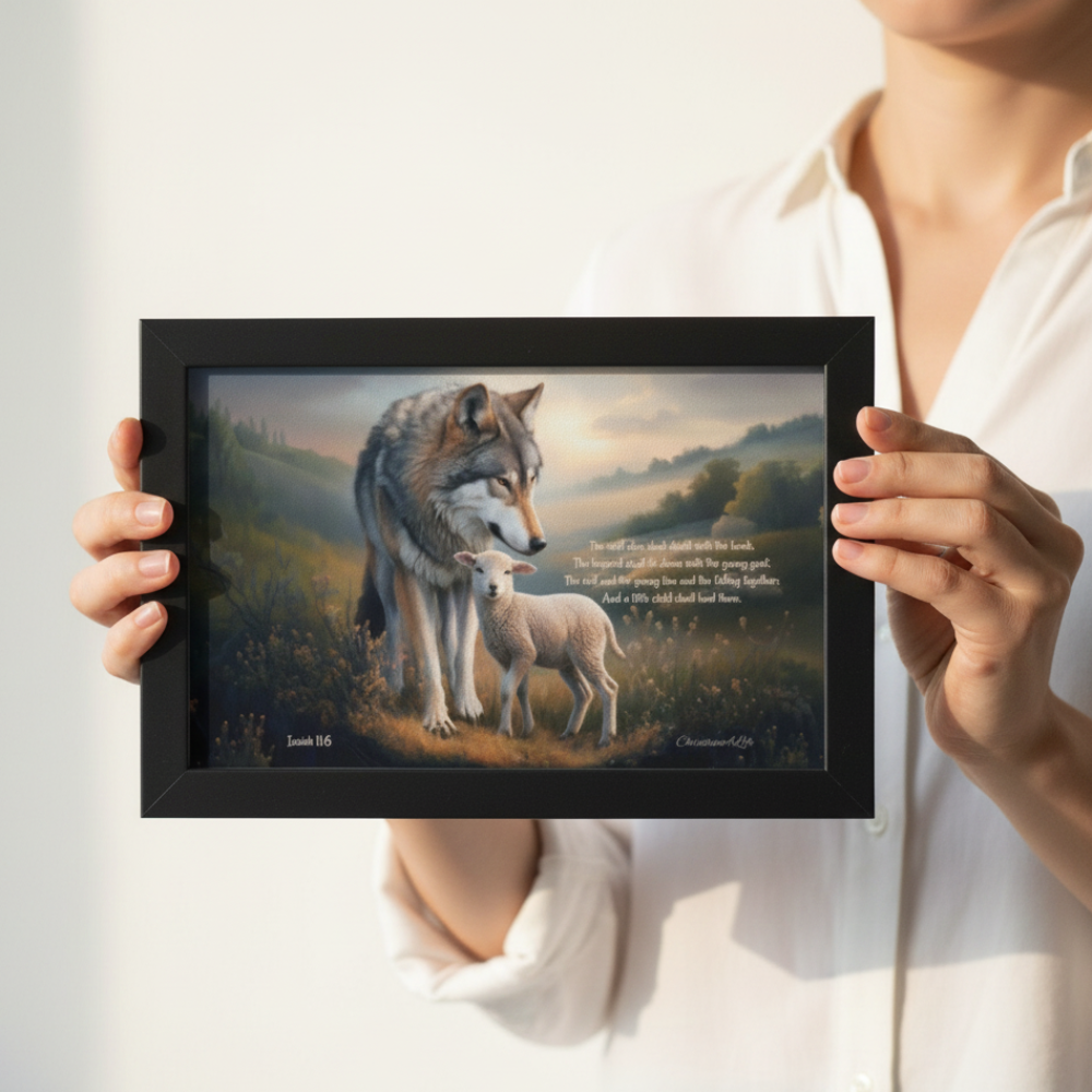 Framed - Wolf and Lamb with Isaiah 11:6 Quote, Christian Canvas, Black Frame