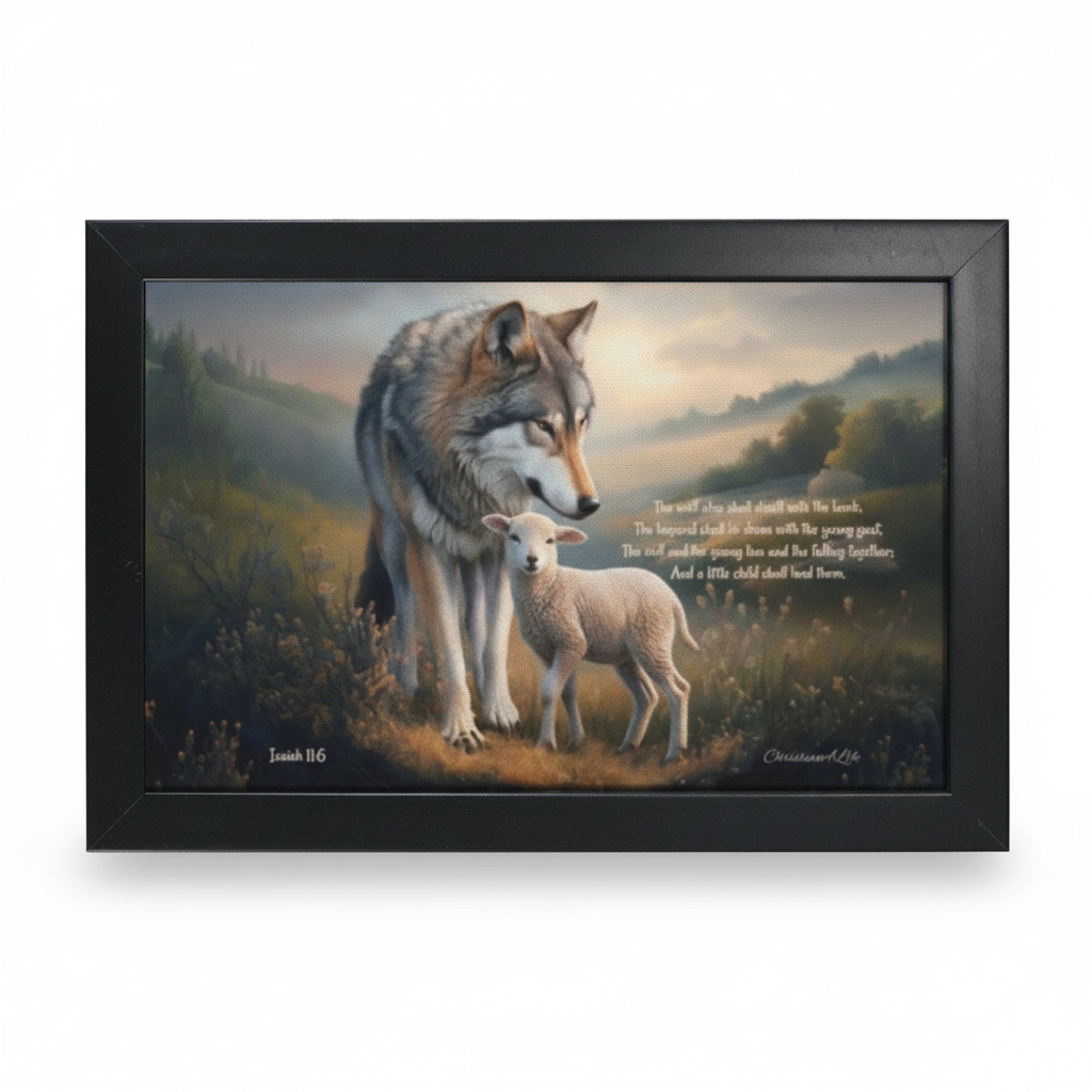 Framed - Wolf and Lamb with Isaiah 11:6 Quote, Christian Canvas, Black Frame