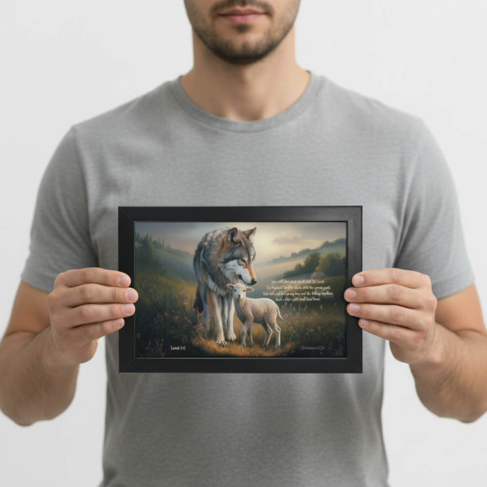 Framed - Wolf and Lamb with Isaiah 11:6 Quote, Christian Canvas, Black Frame