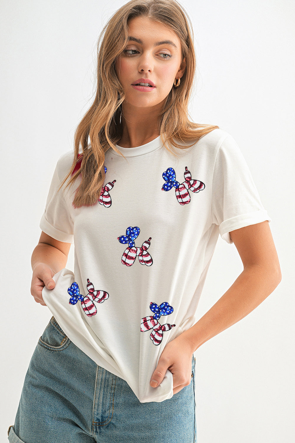 Black Patriotic Sequin Balloon Puppy Graphic Crewneck Tee