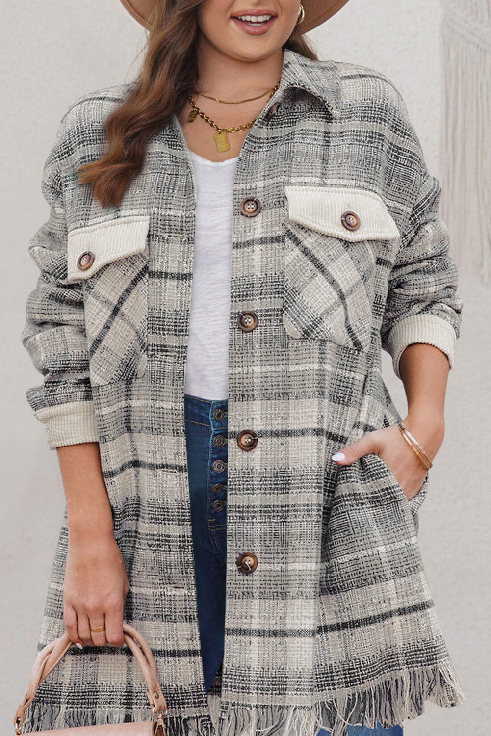 Black Plus Size Macrame Plaid Coat