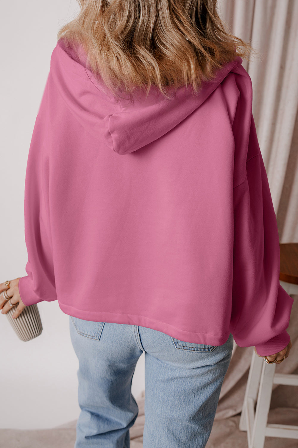 Orange Half Zipper Kangaroo Pockets Drop Shoulder Hoodie