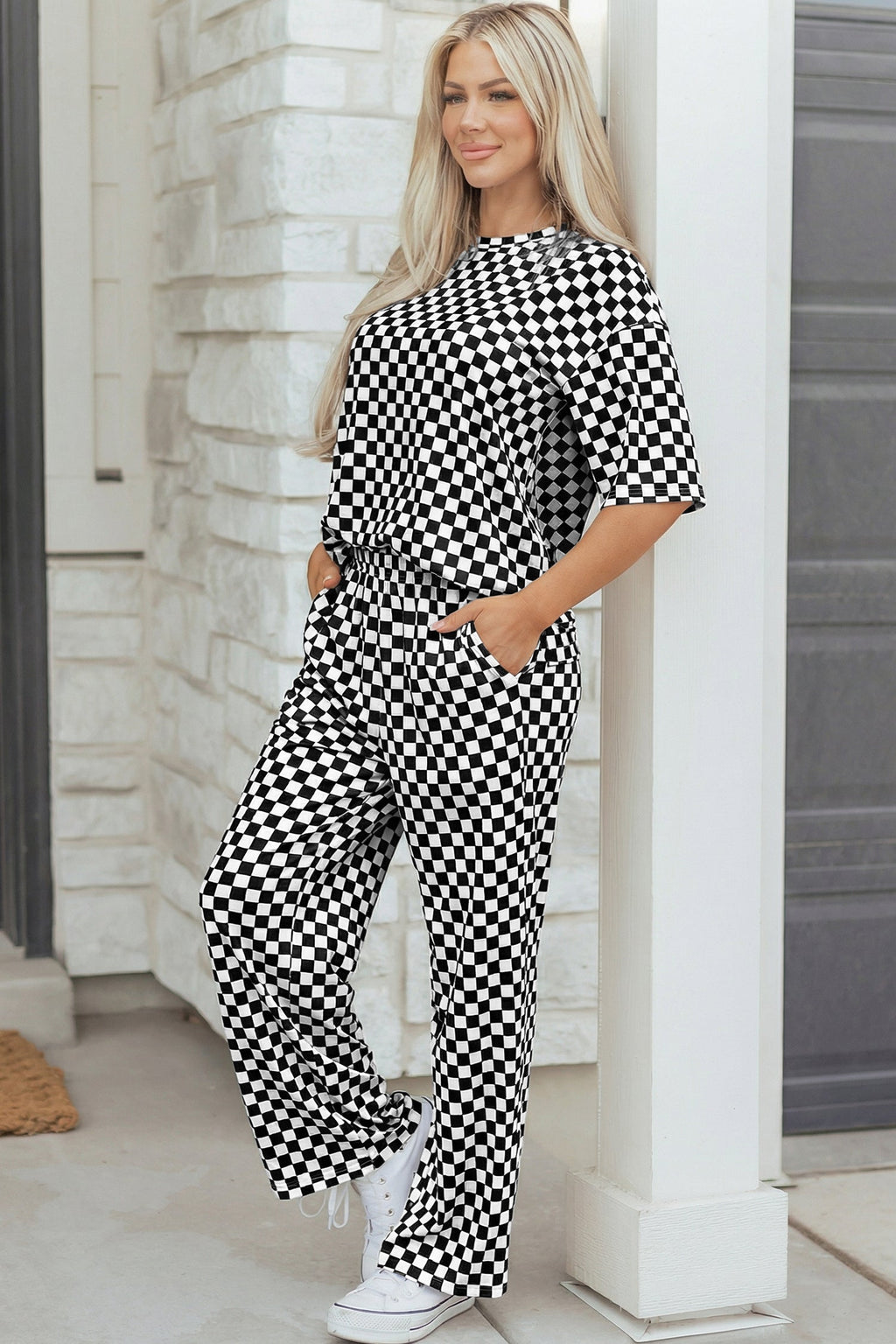Rose Checkered Print Half Sleeve Tee 2pcs Lounge Pant Set