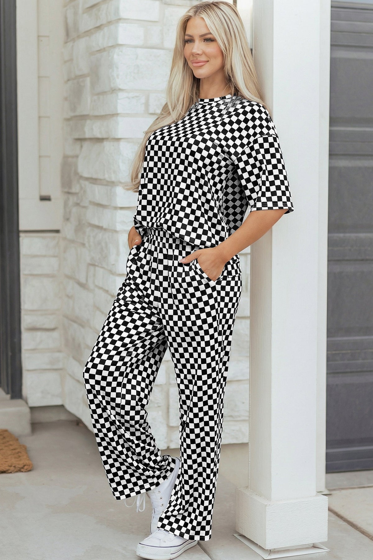 Rose Checkered Print Half Sleeve Tee 2pcs Lounge Pant Set