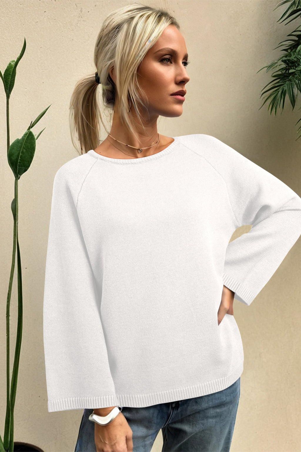 Pink Solid Color Knit Loose Bracelet Sleeve Dolman Sweater