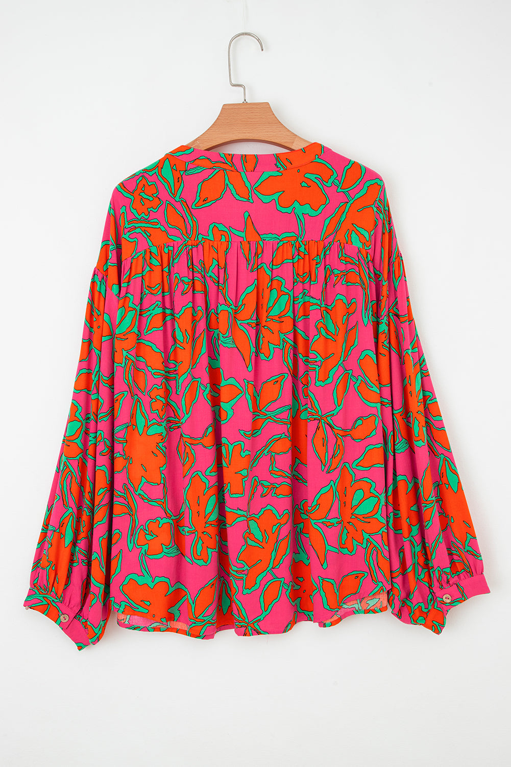 Blue Floral Print Batwing Sleeve Buttoned Loose Fit Shirt