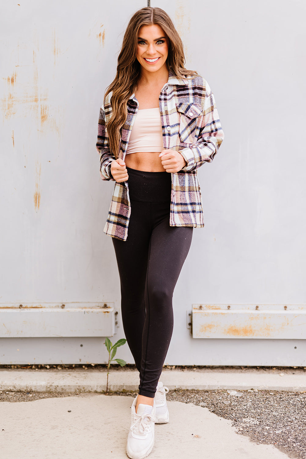 Green Geometric Plaid Print Pocketed Shacket
