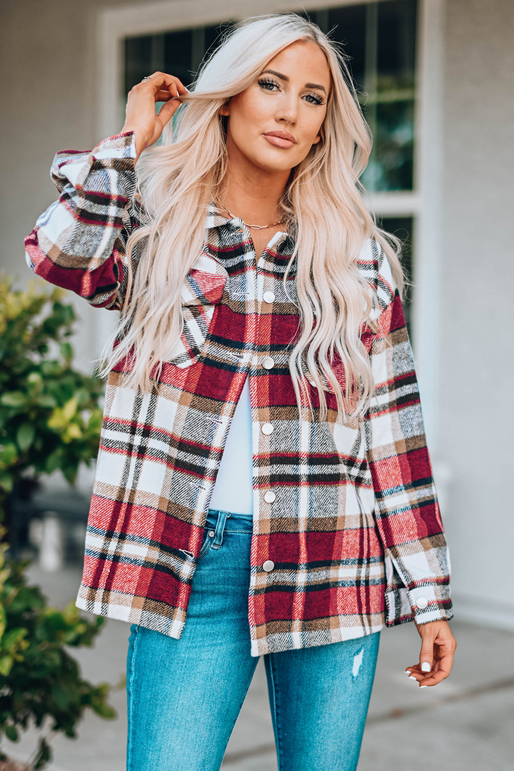 Green Geometric Plaid Print Pocketed Shacket