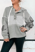 White Waffle Printed Patchwork Drawstring Hooded Long Sleeve Top