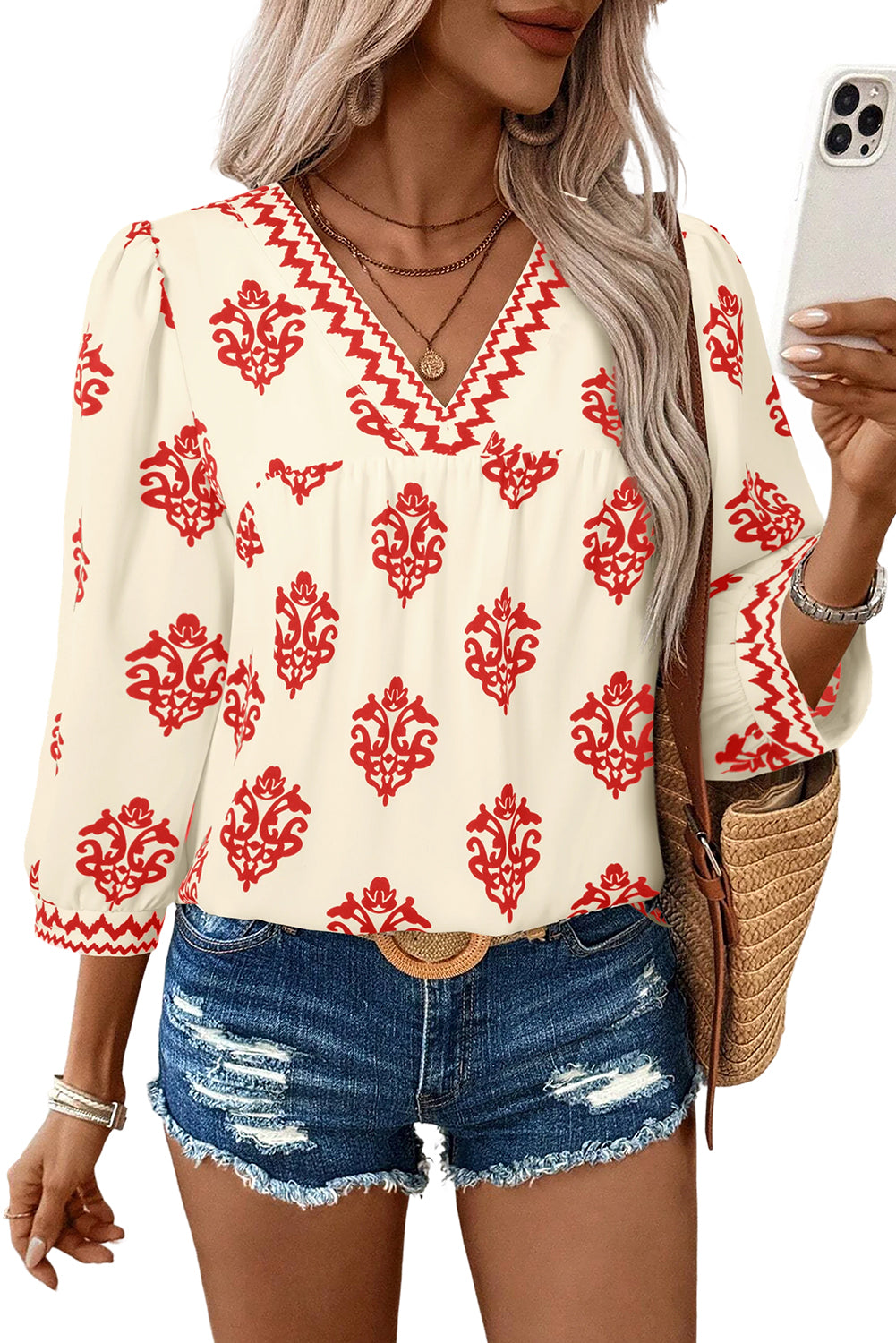 Green Damask Floral Print Contrast V Neck 3/4 Sleeve Blouse