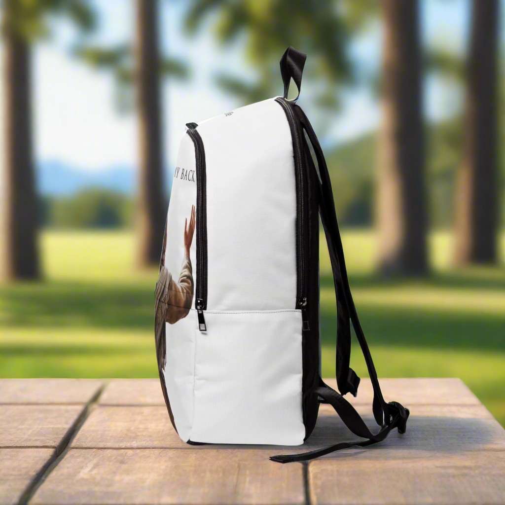 "Jesus Has My Back" Graphic design Christian Backpack (white)