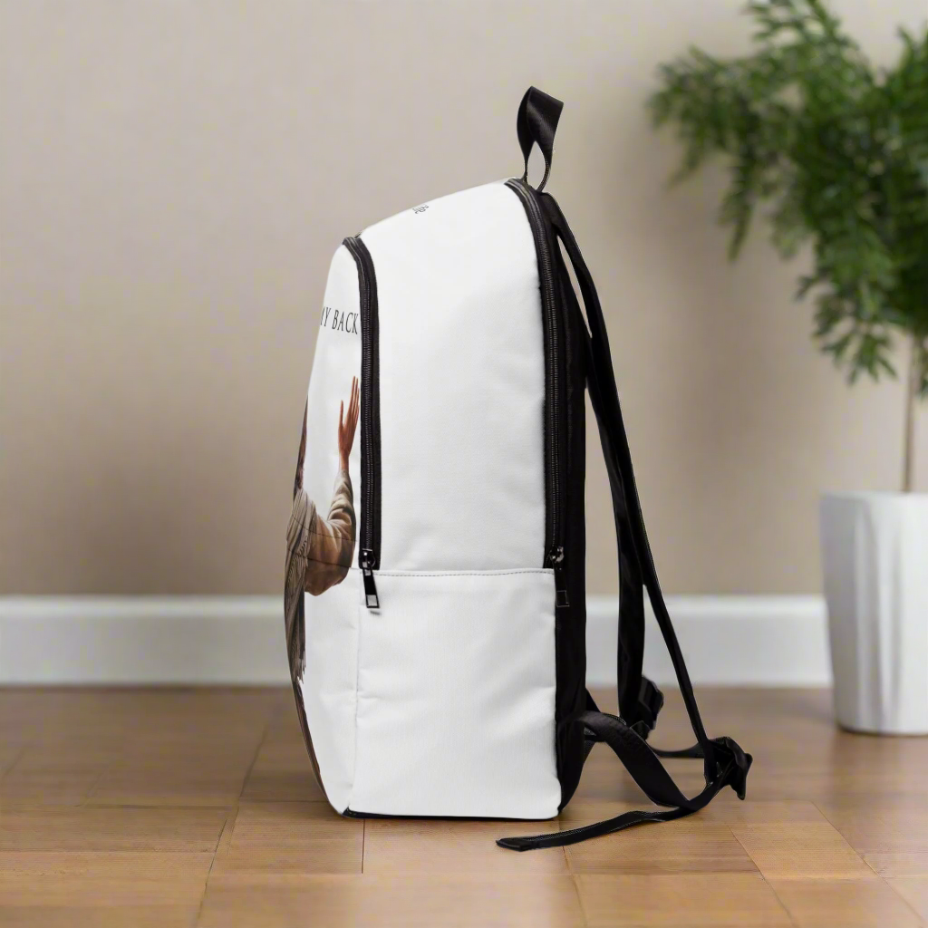 "Jesus Has My Back" Graphic design Christian Backpack (white)