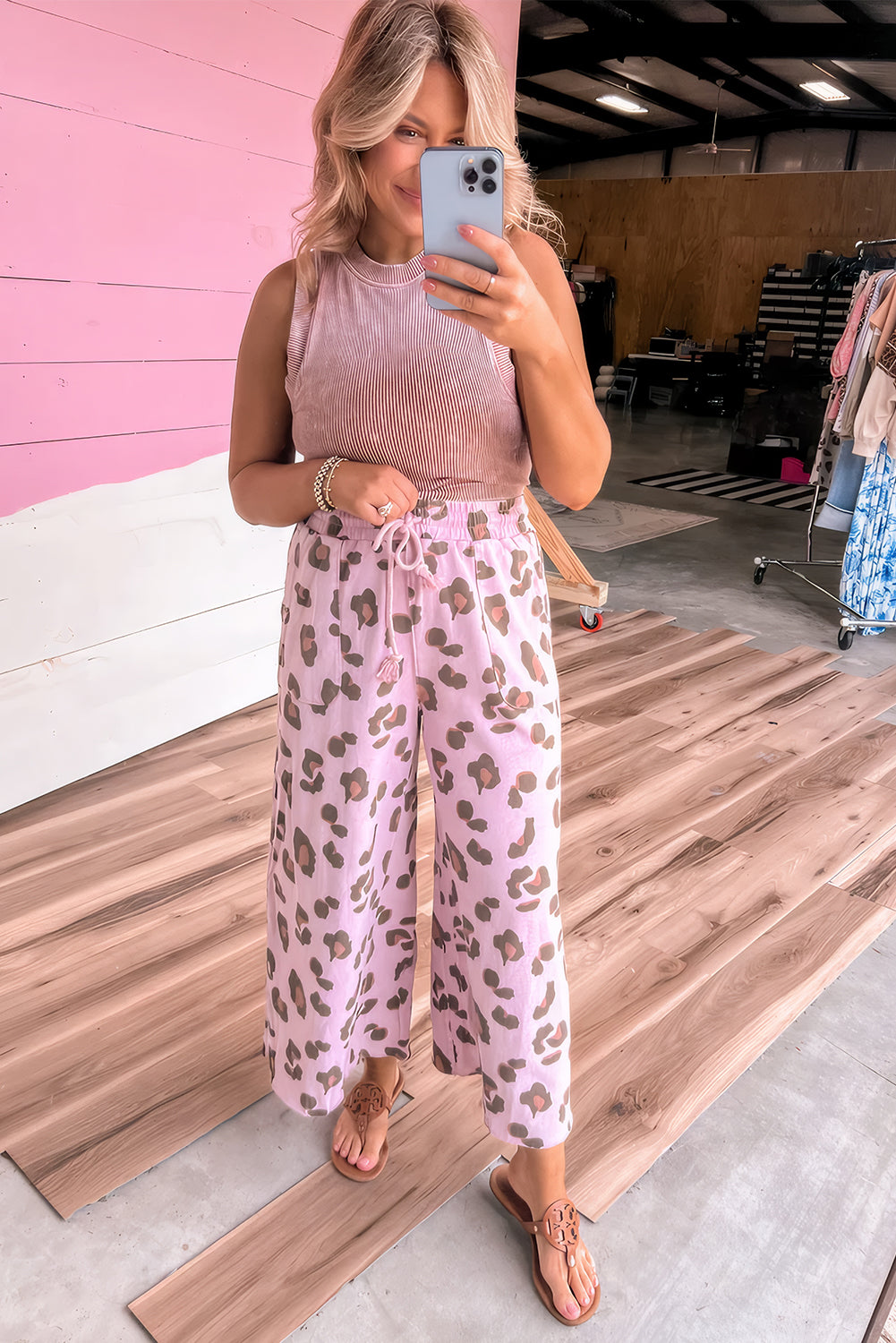 Beige Drawstring Leopard Print Patch Pocket Loose Pants